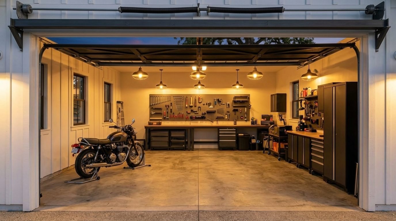 Harper Garage Door Service Interior View of Custom Garage Door Overhead and Workshop